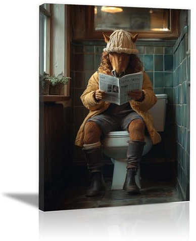 IEPOZWA Badezimmer Deko Bilder Poster & Kunstdrucke, Pferd auf der Toilette Lustige Leinwanddruck Dekor Kunst Poster Badezimmer Deko Bilder - 30x40cm Gerahmt(Khaki)