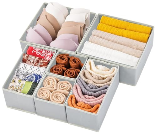 Kongming Schubladen Organizer Kleidung, Faltbare Stoff Schubladen Trenner, Unterwäsche Organizer Aufbewahrung für Socken, BHs, Höschen, Krawatten, Schals (Hellgrau, 6 Stück)