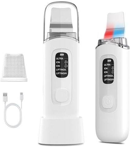 Dufuso Pulizia Viso Ultrasuoni, Skin Scrubber con 4 Modalità e Impermeabile IPX7, Luce Rossa e Blu Spatola Professionale Punti Neri Rimozione Pulizia Profonda la Viso Peeling e Cura