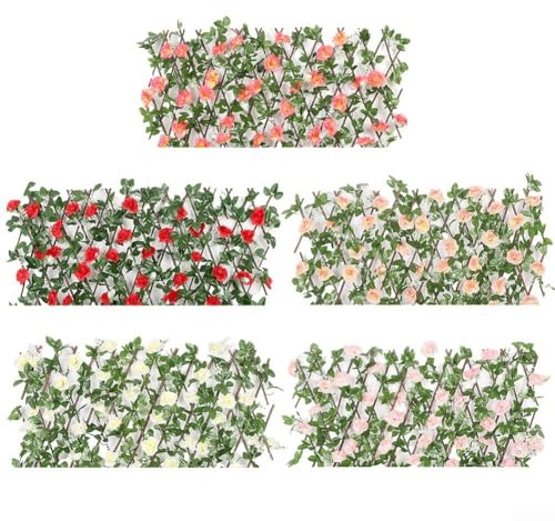 Treillis artificiel avec fleurs et feuilles artificielles, clôture de jardin, brise-vue décoratif, clôture télescopique en bois pour balcon extérieur (blanc)