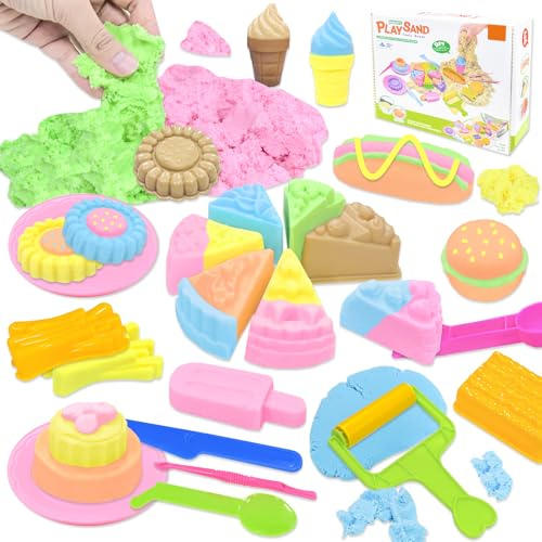 VBACALA Zaubersand Set 750g Magic Sand mit Sandkasten, Kuchen Burger & Eiscreme Formen, Indoor Spielsand Spielzeug mit Zubehör Werkzeug, Geschenk für Kinder ab 3 Jahre Mädchen Jungen