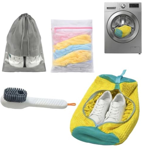 Kit Completo 4 en 1 - Bolsa para Lavar Zapatillas en Lavadora. Incluye 1 Bolsa con protección Chenille 360°, 1 Bolsa de Malla Ropa Delicada, 1 Funda de Viaje y Cepillo - Cremallera YKK con Seguro
