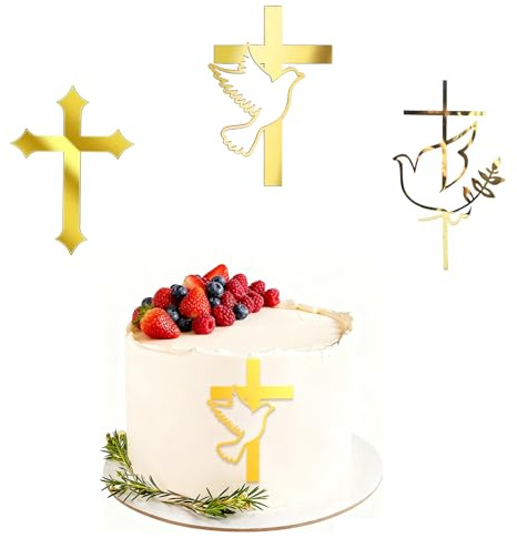 Xiciki 3pcs Set Taufe Deko Tortendeko, Cake Topper Taufe Mit Kreuz & Taube Design, Tortenstecker für Deko Junge & Mädchen Kommunion Babyshower
