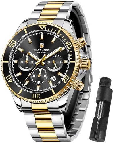 SAPPHERO Orologio Uomo Analogico al Quarzo Cronografo Impermeabile Luminoso Data Orologio da Polso Cinturino in Acciaio Inox Moda Sportivo Affari Orologi Elegante Regalo per Uomo