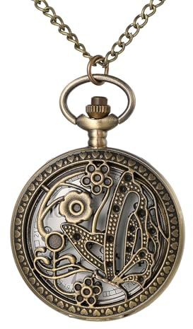 JewelryWe Pocket Watch for Men: Vintage Bronze Quartz Analog Hollow Butterfly Floral Hunter Case Fob Chain Timepiece Gift for Father Husband Brother for Father's Day