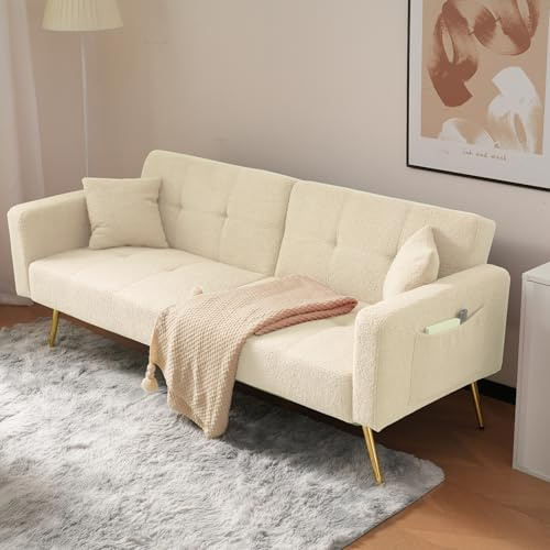 LLGWGL 2-sitsig bäddsoffa, hörnsoffa – modern med justerbart ryggstöd, sidofickor, lammskinn, gyllene metallfötter 90 kg belastning, 175 x 64 x 72 cm (beige)