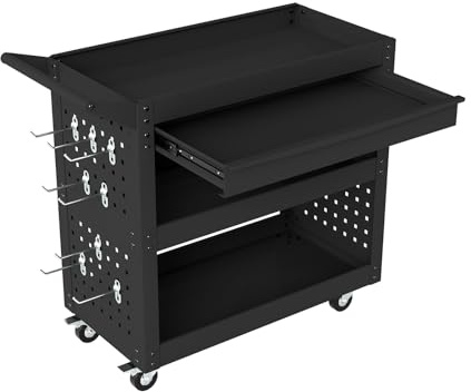 GOPLUS Carro para Taller con Tres Niveles, Carro Móvil con Cajón, Dos Tableros Perforados y Ocho Ganchos, Carrito para Herramientas con Ruedas, Carrito de Servicio de Metal para Garaje y Taller
