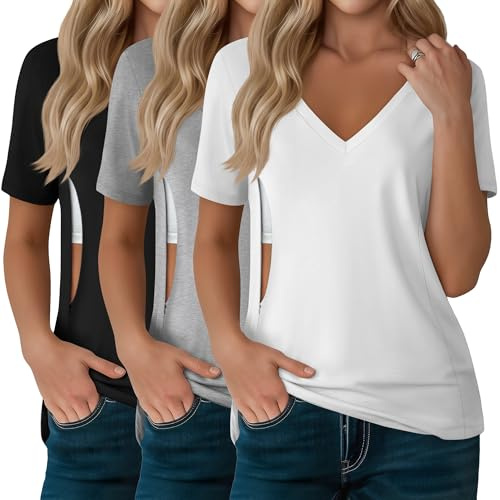 Xuniea 3 Pack Women's Nursing Tops, Hidden Zipper Nursing Shirts for Breastfeeding & Pumping Short Sleeve V Neck