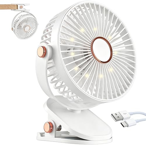 Portable Clip on Fan, 4000mAh 3 In 1 Mini Desktop Fan, Quiet Rechargeable Table Fan with LED Lights, 720° Rotation, 5 Speeds Ideal for Home Office, Bedroom, Desk Top, Stroller, Camping, Travel (White)