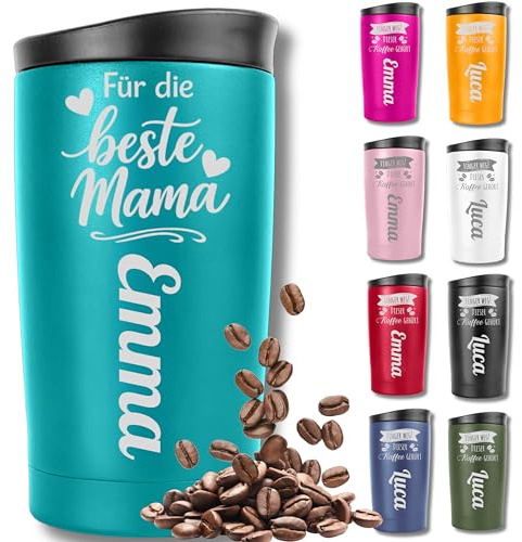 KUINEA Thermobecher personalisiert mit Gravur – Muttertagsgeschenk für Mama – Coffee To Go Becher aus Edelstahl, 350 ml, auslaufsicher – Türkis