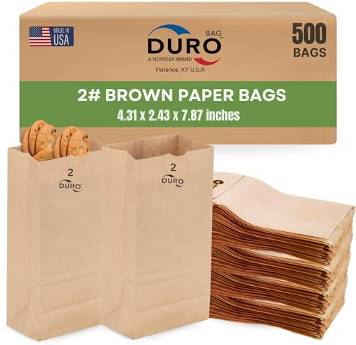 Duro 2# Brown Paper Lunch Bags 500 Count, Bulk Disposable Brown Paper Bags, SOS Small Lunch Bag for Candy, Snacks & Treats - 4.31 x 2.43 x 7.87 Inches