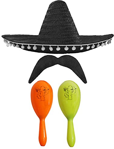 Mexikansk snygg klänning tillbehörsset – Mexikansk SOMBRERO med maracas och tash svart POM SOMBRERO + orange och gul maracas