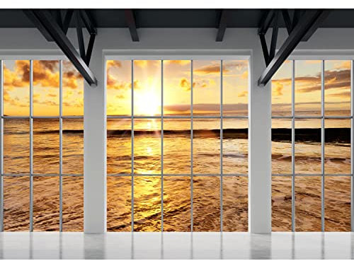 Runa Art Fototapete Fenster Meer Sonnenuntergang 352 x 250 cm Vlies Tapeten XXL Moderne Wandtapete Wohnzimmer Schlafzimmer Orange Weiss 9188011b