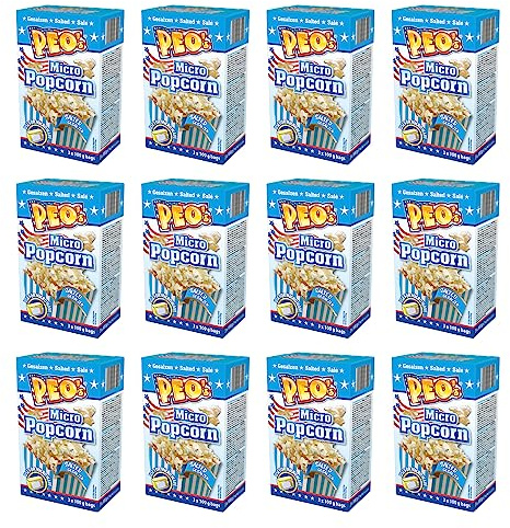 Peo's Micro Popcorn, Gesalzenes Mikrowellenpopcorn im 36er Vorteilspack, 12 Schachteln mit 3 x 100 g Inhalt, Popcorn Mais salzig für die Mikrowelle, Filmsnack, Kinoabend