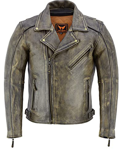 A&H Apparel - Men's Motorcycle Genuine Cowhide Leather Jacket: Classic Style in Genuine Cowhide Leather with Zip-Out Lining (Distressed, L)