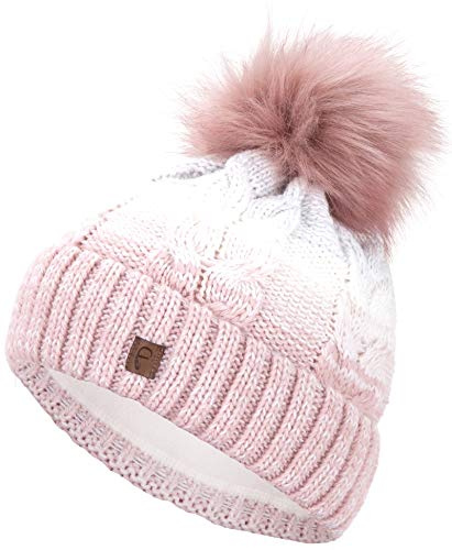 Faera Wintermütze Mütze Damen warm gefüttert mit Kunstfell Bommel-Mütze Fleecefutter Winter Strickmütze Beanie