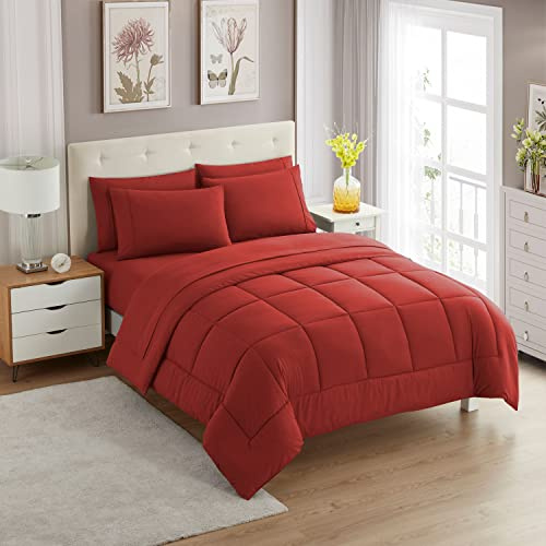 Sweet Home Collection 7-teiliges Bettdecken-Set, einfarbig, für alle Jahreszeiten, weiche Daunen-Alternative Decke und luxuriöse Mikrofaser-Bettlaken, Rot, Queensize-Bett