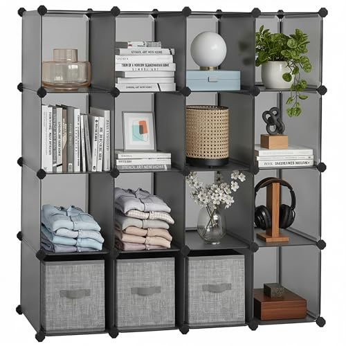SONGMICS Meuble Rangement 16 Cubes, Organisateur Modulable, Étagère en Plastique, Séparateur de Placard, Rangement Chaussures, pour Chambre, Bureau, 31 x 153 x 153 cm, Gris LPC442G01