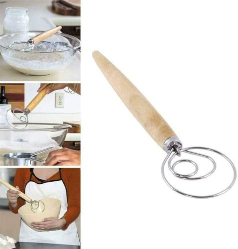 Der Original dänische Teig Schneebesen, 13 Zoll Edelstahl holländische Art Brot Teig Handmischer Holzgriff Küche Backwerkzeuge zum Backen von Kuchen, Dessert, Sauerteig, Pizza, Gebäck