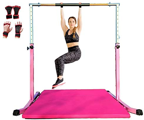Expandable Gymnastic Kip Bar Pink Gymnastics Horizontal Bar for Kids, Adjustable Height 3' to 5' - Junior Training Bar, Heavy Duty Curved Legs and Cushioned Hand Pad w 6'x4' Tumble Mat and Gloves