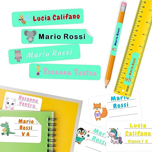 230 Etichette personalizzate colorate scuola materiale didattico in 2 formati convenienza,180 adesivi 50x10mm e 50 adesivi 50x30mm,utili a segnare penne, quaderni, matite, libri,ecc. TURCHESE