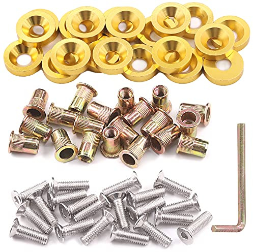 Glarks Rondella per paraurti in alluminio M6 color oro, 61 pezzi, con finitura CNC, con bulloni in acciaio inossidabile e dadi per rivetti in acciaio al carbonio, kit per paraurti auto, bagagliaio