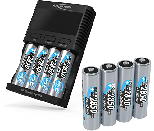 ANSMANN Powerline 4 Ultra Akku-Ladegerät für AA/AAA/C/D NiMH Akkus & Li-Ion Rundzellen 18650/26650 Batterieladegerät mit 4 Ladeprogrammen inkl. 8X NiMH AA2850 Akkus, Schnellladegerät
