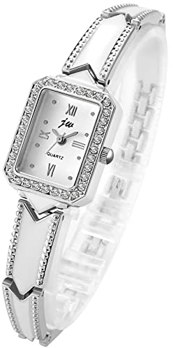 JewelryWe Damenuhr Elegant Analog Quarz Armbanduhr Damen Strass Rechteckig Römische Ziffern Beiläufige Uhr Spangenuhr mit Metall-Armband Silber