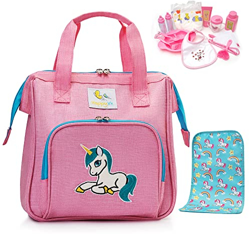 HappyVk- Puppen Wickeltasche mit Puppenzubehör Set - Handtasche für Mädchen - süße Einhorn Stickerei - Rosa