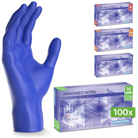 100x ARNOMED® Guantes nitrilo talla M Azul Océano, Guantes desechables quirurgicos y laboratorio, Luvas nitrilo descartaveis sin polvo y látex, Manoplas nitrilo en XS, S, M, L, XL, XXL