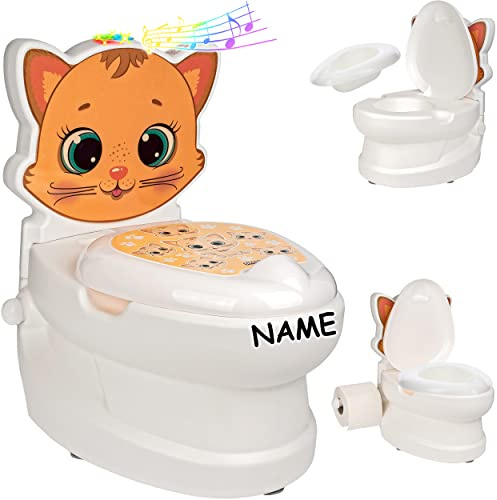 alles-meine.de GmbH Kindertoilette/Töpfchen Spülgeräusch + Licht Katze - inkl. Name mit Wasserspülung Sound - Nachttopf/Babytopf - mit Deckel - weiß - Musik - Toiletten..
