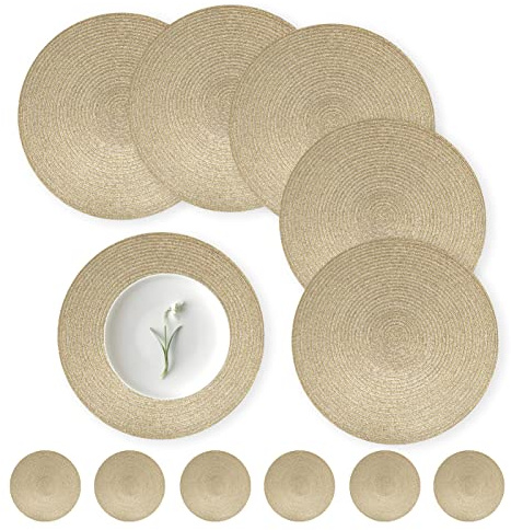 wiipara Platzsets Weihnachten Gold Rund 34cm Tischsets Abwaschbar 6er Set | Gewebte Platzdeckchen mit Untersetzer, Christmas Placemats Tischunterlage für Weihnachtsdeko Esszimmer Party Hochzeit Deko