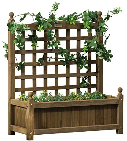 Outsunny Garden Planters with Trellis for Climbing Vines, Wooden Raised Beds for Garden, Free Standing Flower Pot, Indoor Outdoor Display Rack, 64 x 28 x 75 cm, Brown