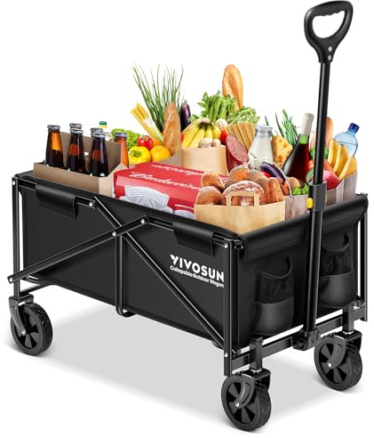 VIVOSUN Collapsible Folding Wagon, Outdoor Utility with All-Terrain Wheels, Adjustable Handle, Cup Holders & Side Pockets, for Camping, Shopping, Garden, 210Lbs Capacity, Black