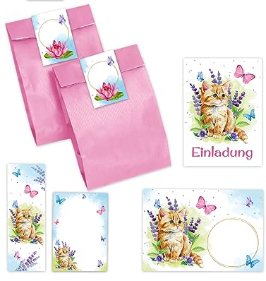 6 Einladungskarten zum Kindergeburtstag Mädchen Katze Kätzchen incl. 6 Umschläge, 6 Partytüten/rosa, 6 Aufkleber, 6 Lesezeichen, 6 Mini-Notizblöcke Einladungsset