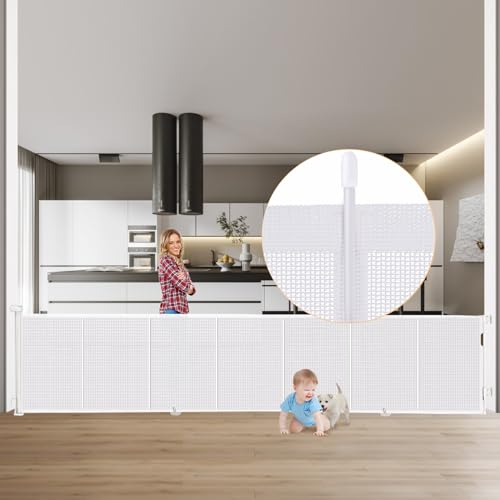 Retractable Dog Gate,300Cm Dog Gate Extra Wide Stair Gate,Upgraded Baby Gate with Fiberglass, 89 Cm Tall Dog Stair Gate,Mesh Baby Gate Pet Gate One Hand Operation for Hallways/Doorways/Indoor/Outdoor