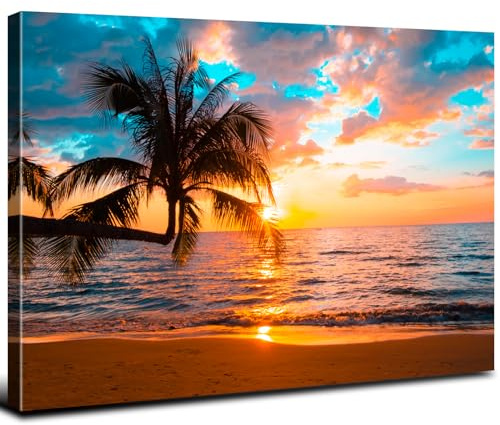 Sunset Beach Wall Art for Living Room Decor Tropical Palm Tree Wall Pictures Coastal Landscape Ocean Painting Canvas Prints Nature Seascape Poster Artwork Bedroom Bathroom Home Decorations 12x16