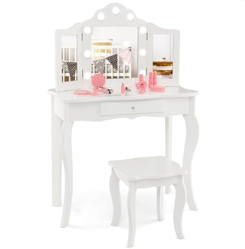 COSTWAY Kids Vanity Table and Stool Set, 2 in 1 Princess Makeup Dressing Tables with LED Lightes, Tri-Fold Mirror, Drawer, Wooden Children Study Desk Chair for Toddlers (White)