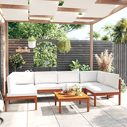 Willood 7-TLG. Gartenmöbel Set Garten Terrasse Balkonmöbel Sofa Bank Gartenset Sitzgarnitur Mittelsofa Ecksofa Garten Lounge Set mit Kissen Cremeweiß Massivholz Akazie