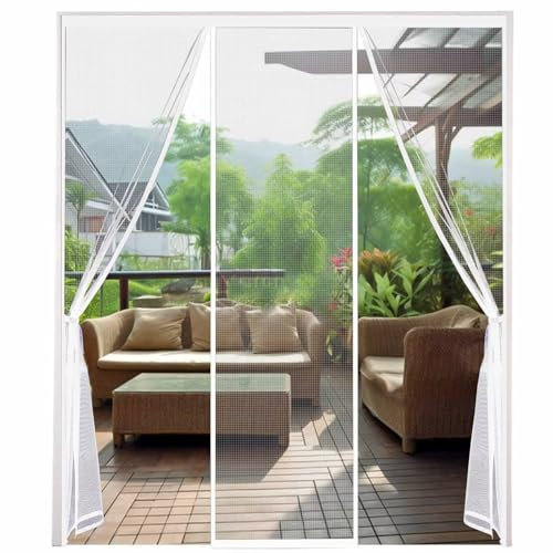 Magnet Fliegengitter Balkontür, 165x220cm Weiß mit Vollmagnetstreifen und Breitem Rahmen Insektenschutz Doppeltür Fliegengitter Doppeltür für Wohnzimmer Balkontür Schiebetür