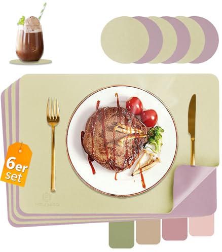 HELI MIAO Tischsets Abwaschbar,Platzsets Abwischbar, Leder,Hitzebeständig Doppelseitigen I 6er Set Platzdeckchen Lederoptik mit Untersetzer,Tischuntersetzer rutschfest,grasgrün+violett
