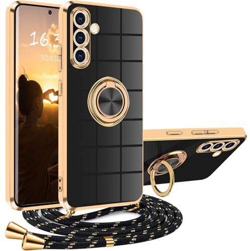 XCYYOO Hülle für Samsung Galaxy S24 FE mit Band und Kette - Stoßfeste Silikon Schutzhülle, Schwarz