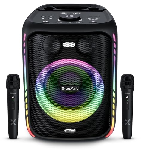 BlueAnt X5i 120W Bluetooth Party Speaker, Massive Bass Boost with Dual Wireless Microphones for Karaoke, LED Light Show, Long Battery Life, Built-in Powerbank, Black
