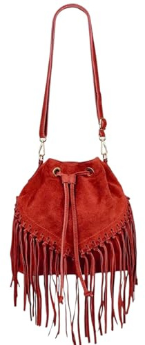 Modarno Sac à Main en Cuir Daim avec Frange 26x13x26 cm, rouge, M