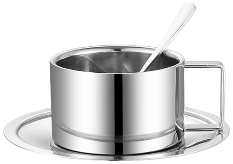 Stgbcst Vintage Silber Kaffeetasse Edelstahl Mokkatasse Müslibecher Trinkgeschirr 200 ml Bruchsicher Edelstahl-Kaffeetassen-Set mit Untertasse, Milch, Tee und Kaffee Geschenkset (Silber)
