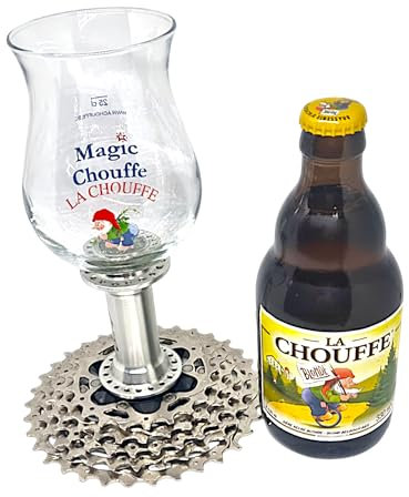 La Chouffe - Vaso de cerveza con soporte para bicicleta, Cáliz Magic Chouffe sobre desviador de bicicleta, colección única