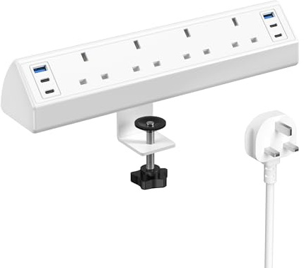 Desk Clamp Power Socket USB C Slots, 40W Total Fast Charging Station, 4 Way Desk Extension Lead with Switch, Desktop Power Strip 2M for Home Office, Fit 1.9 Tabletop Edge(White)