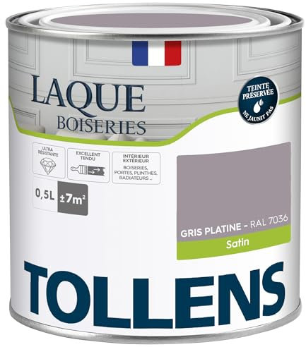 Tollens - Peinture, Laque, Ultra Résistante, Multisupport, Satin, Gris Platine, 0.5L = 7m2