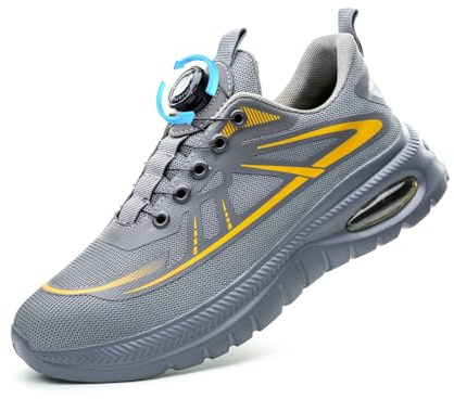 GemChve Scarpe Antinfortunistiche Uomo Donna Scarpe da Lavoro Leggere Comode Traspiranti Scarpe Sicurezza Punta Acciaio Senza Lacci Grey 41EU