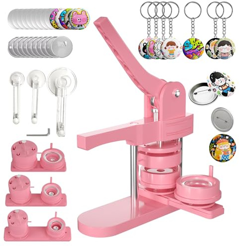 Pin Maker, Button Maker Machine Multiple Sizes (1+1.25+2.25'') with 300 Buttons, 30 Fridge Magnets, 10 Bottle Openers, 10 Keychains, 3 Circle Cutters, Button Badge Pin Press Machine (353Pcs, Pink)